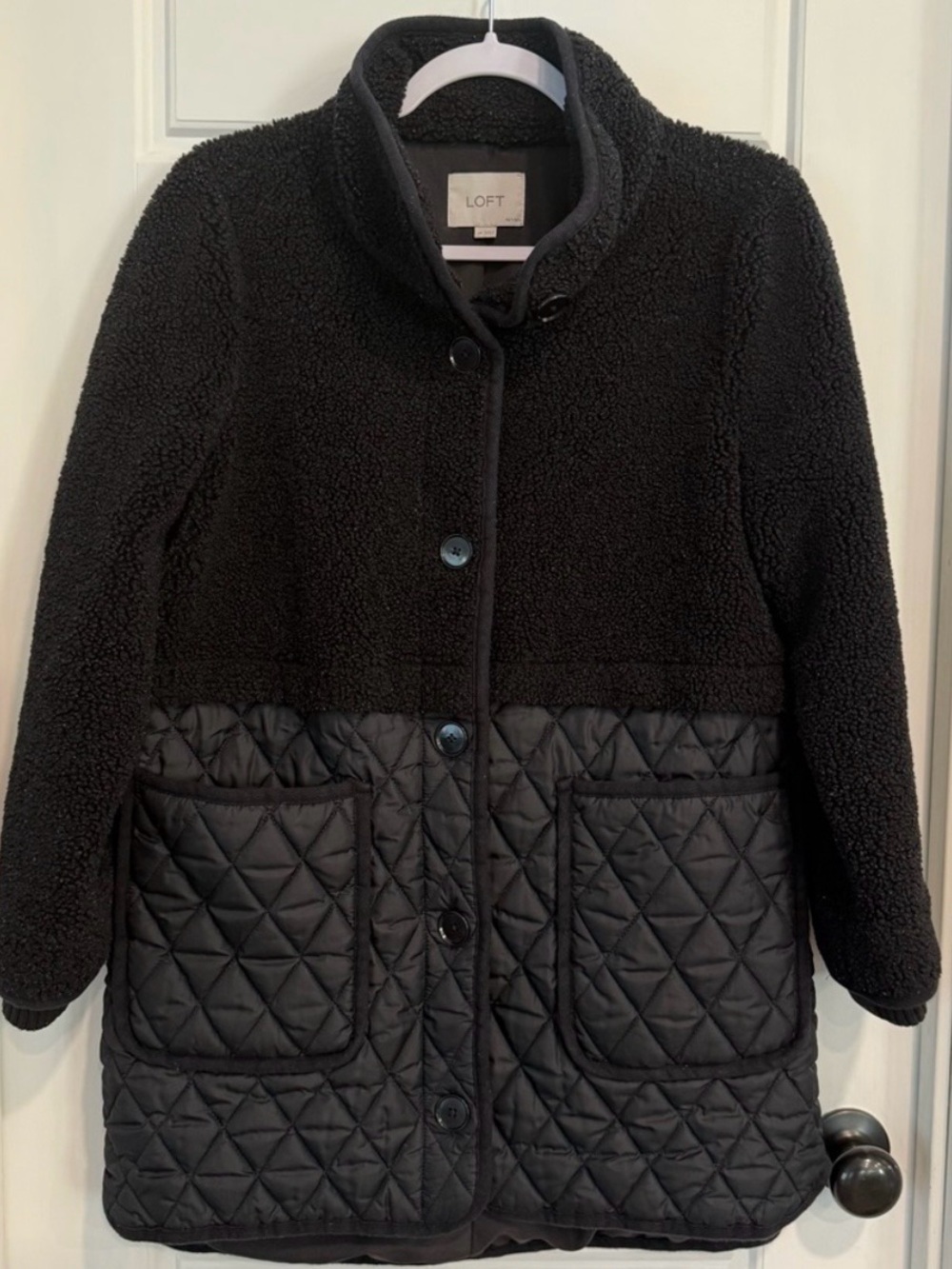 LOFT Petite Sherpa Quilted Coat SP Black Mixed Media Long Jacket LIKE NEW